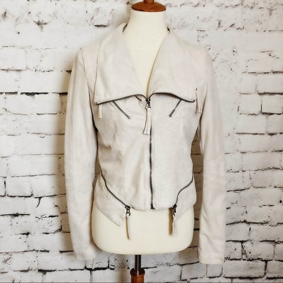 SOLEMIO Beige Vegan Suede Moto Jacket Size Large - Picture 3 of 16